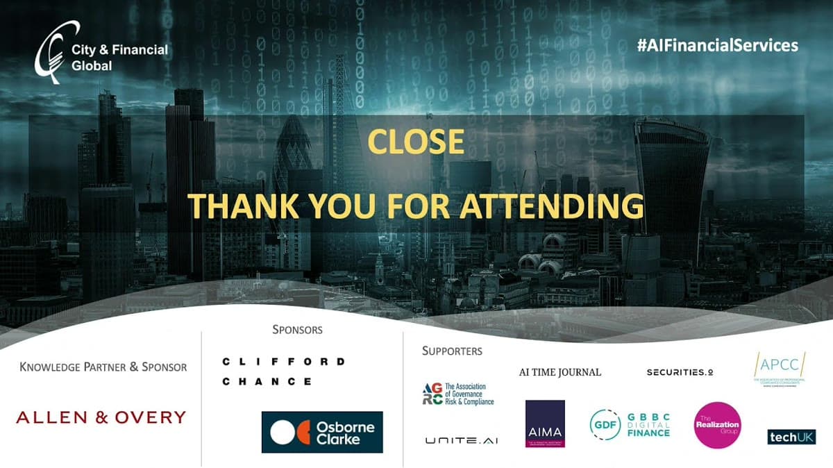 AI in Financial Services Summit closing slide over the London skyline
