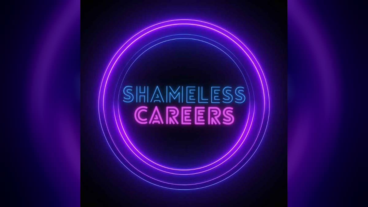 Shameless Careers podcast logo in blue and violet neon